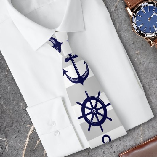 Navy Blue Anchor and Boat Wheel Nautical Krawatte