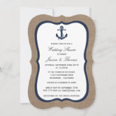 Navy Blue Anchor auf Burlap Nautic Polterabend Einladung (Vorderseite)