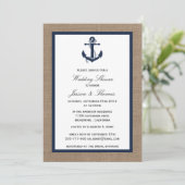 Navy Blue Anchor auf Burlap Nautic Polterabend Einladung (Stehend Vorderseite)