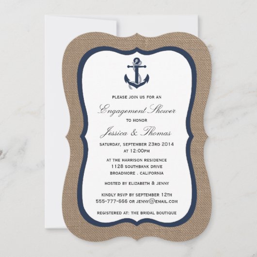 Navy Blue Anchor auf Burlap-Verlobung Einladung (Vorderseite)