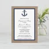 Navy Blue Anchor auf Burlap-Verlobung Einladung (Stehend Vorderseite)