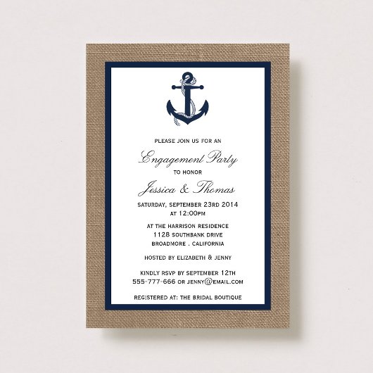 Navy Blue Anchor auf Burlap-Verlobung Einladung