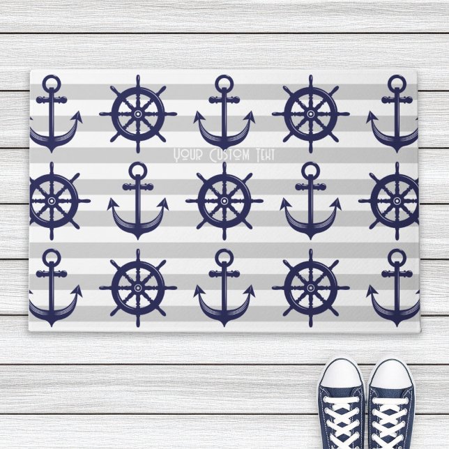 Navy Blue Anchor Boat Wheel grau gestreift nautisc Fußmatte (Von Creator hochgeladen)