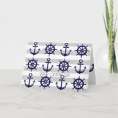 Navy Blue Anchor Boat Wheel grau gestreift nautisc Karte (Vorderseite)