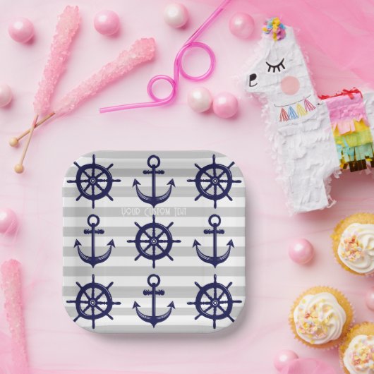 Navy Blue Anchor Boat Wheel grau gestreift nautisc Pappteller (Party)