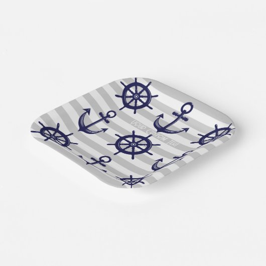 Navy Blue Anchor Boat Wheel grau gestreift nautisc Pappteller (Gewinkelt)