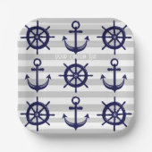 Navy Blue Anchor Boat Wheel grau gestreift nautisc Pappteller (Vorderseite)