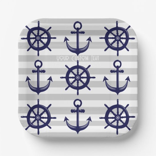 Navy Blue Anchor Boat Wheel grau gestreift nautisc Pappteller (Vorderseite)