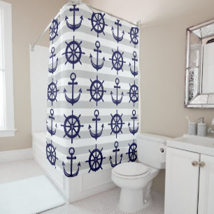 Navy Blue Anchor Boat Wheel Gray Stripe Nautical Duschvorhang