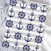 Navy Blue Anchor Boat Wheel Gray Stripe Nautical Fleecedecke