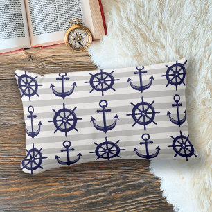 Navy Blue Anchor Boat Wheel Gray Stripe Nautical Lendenkissen