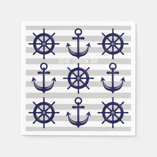 Navy Blue Anchor Boat Wheel Striping Nautical Pape Serviette (Vorderseite)