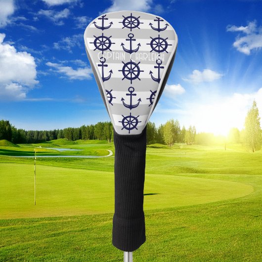 Navy Blue Anchor Boat Wheel White Striped Nautical Golf Headcover