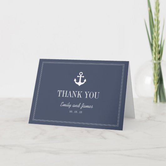 Navy Blue Anchor By The Sea Wedding Thank You Dankeskarte (Vorderseite)