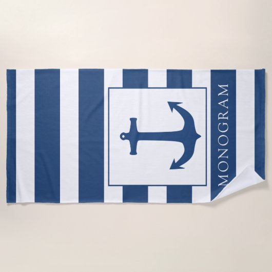 Navy Blue Anchor Custom Monogram Strandtuch (Vorderseite)