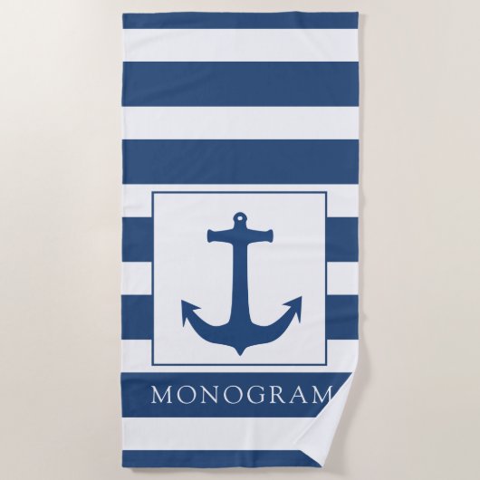 Navy Blue Anchor Custom Monogram Strandtuch (Vorderseite)