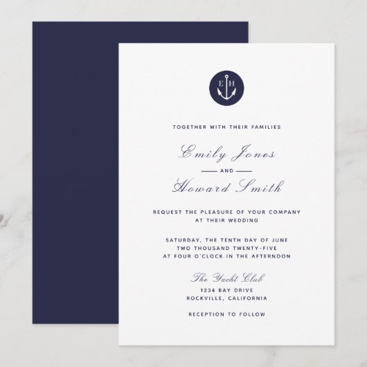 Navy Blue Anchor - Familien zu Hochzeiten Einladung (Vorne/Hinten)