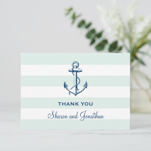 Navy Blue Anchor & Mint Stripes Nautical Wedding Dankeskarte (Stehend Vorderseite)