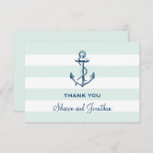 Navy Blue Anchor & Mint Stripes Nautical Wedding Dankeskarte (Vorne/Hinten)