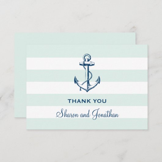Navy Blue Anchor & Mint Stripes Nautical Wedding Dankeskarte (Vorne/Hinten)