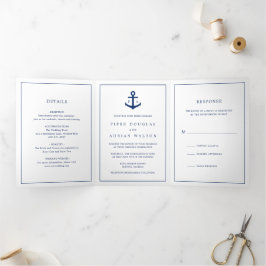 Navy Blue Anchor Monogram Nautical Elegante Hochze Dreifach Gefaltete Einladung
