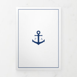 Navy Blue Anchor Monogram Nautical Elegante Hochze Dreifach Gefaltete Einladung