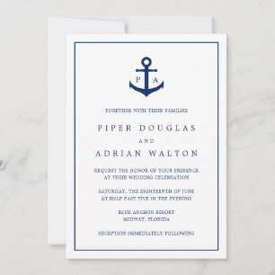 Navy Blue Anchor Monogram Nautical Wedding Einladung