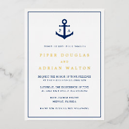 Navy Blue Anchor Monogram Nautical Wedding Gold Folieneinladung