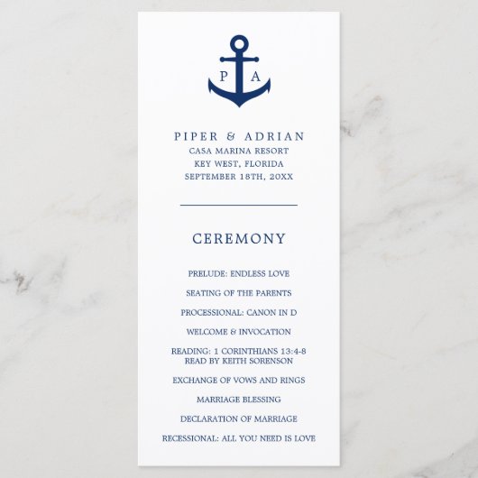 Navy Blue Anchor Monogram Nautical Wedding Programm (Vorderseite)
