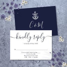 Navy Blue Anchor Monogram Nautical Wedding RSVP Karte