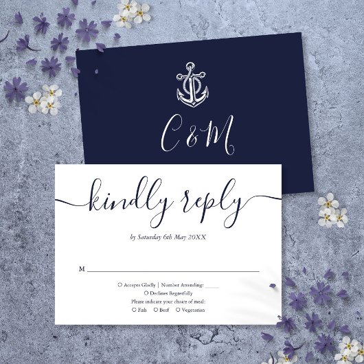 Navy Blue Anchor Monogram Nautical Wedding RSVP Karte