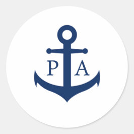 Navy Blue Anchor Monogram Nautical Wedding Runder Aufkleber