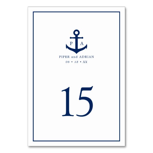 Navy Blue Anchor Monogram Nautical Wedding Tischnummer (Rückseite)