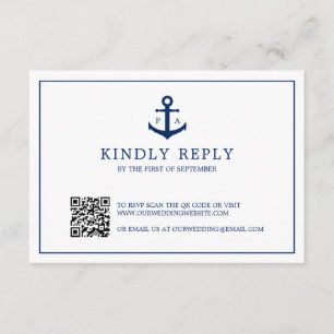 Navy Blue Anchor Monogram QR Code Nautical Wedding RSVP Karte