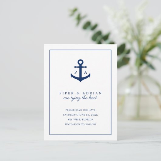 Navy Blue Anchor Monogram Save the Date Ankündigungspostkarte (Stehend Vorderseite)