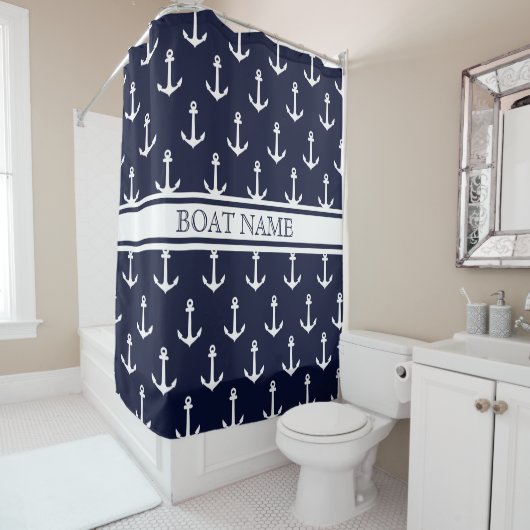 Navy Blue Anchor Muster Nautical Boat Name Duschvorhang (Beispiel)