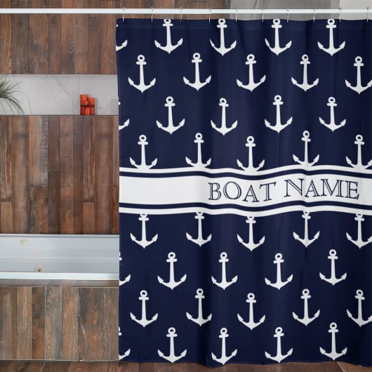 Navy Blue Anchor Muster Nautical Boat Name Duschvorhang
