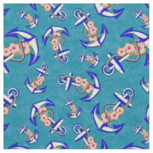 Navy Blue Anchor Nautical Floral on Blue Stoff