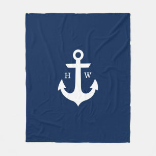 Navy Blue Anchor Nautical Monogram Fleecedecke