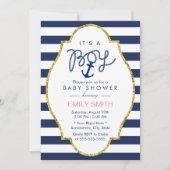 Navy Blue Anchor Nautical Stripes Boy Baby Dusche Einladung (Vorderseite)