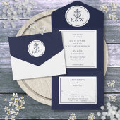Navy Blue Anchor Nautical Wedding All In One Einladung