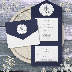Navy Blue Anchor Nautical Wedding All In One Einladung