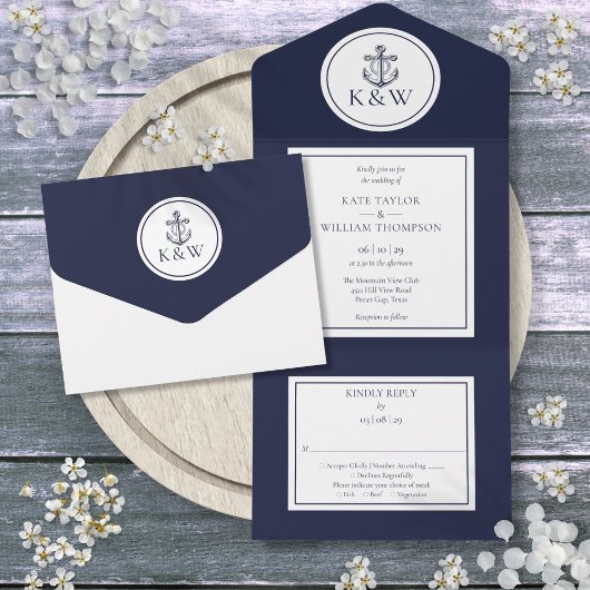 Navy Blue Anchor Nautical Wedding All In One Einladung