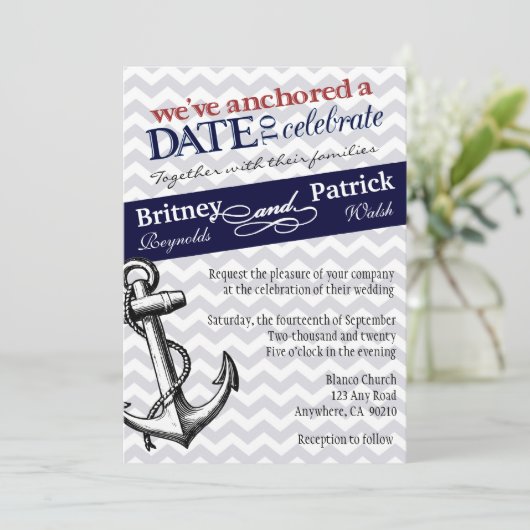 Navy Blue Anchor Nautical Wedding Einladungen (Stehend Vorderseite)