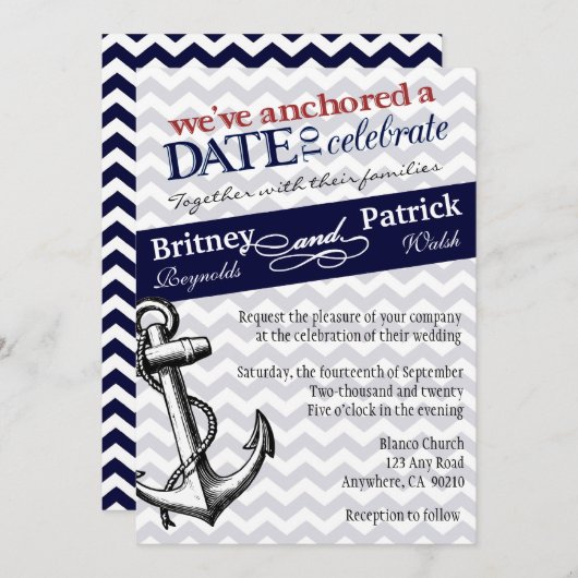 Navy Blue Anchor Nautical Wedding Einladungen (Vorne/Hinten)
