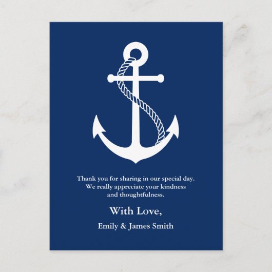 Navy Blue Anchor Nautical Wedding Vielen Dank Postkarte (Vorderseite)