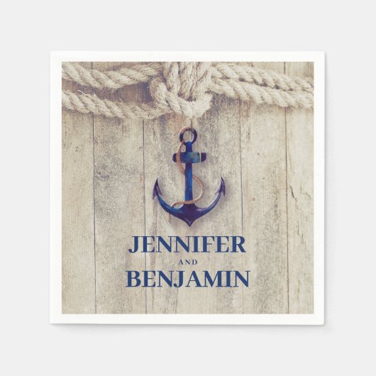 Navy Blue Anchor Rustic Driftwood Nautical Wedding Serviette (Vorderseite)
