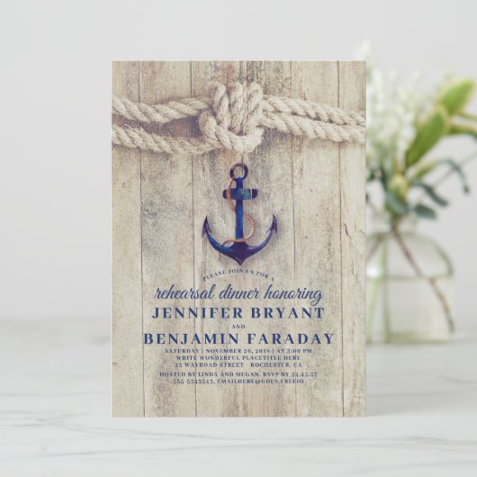 Navy Blue Anchor Rustic Nautic Probe Dinner Einladung (Stehend Vorderseite)