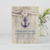 Navy Blue Anchor Rustic Nautical Birthday Einladung (Stehend Vorderseite)