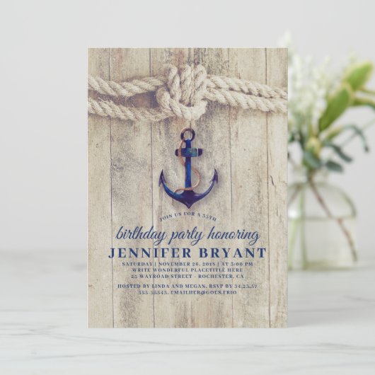 Navy Blue Anchor Rustic Nautical Birthday Einladung (Stehend Vorderseite)